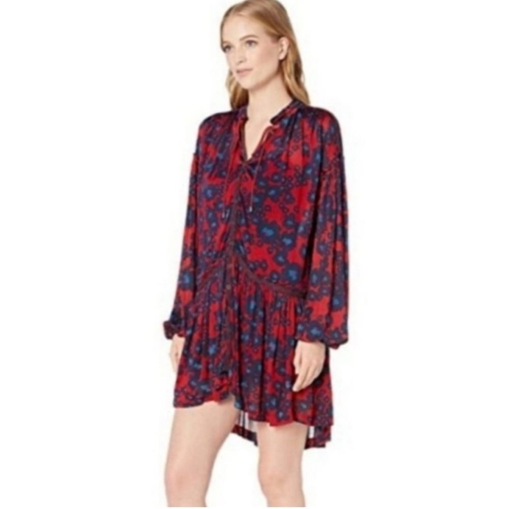 Free People Red and Blue Bishop Sleeve Sundress Merlot love letter combo small S